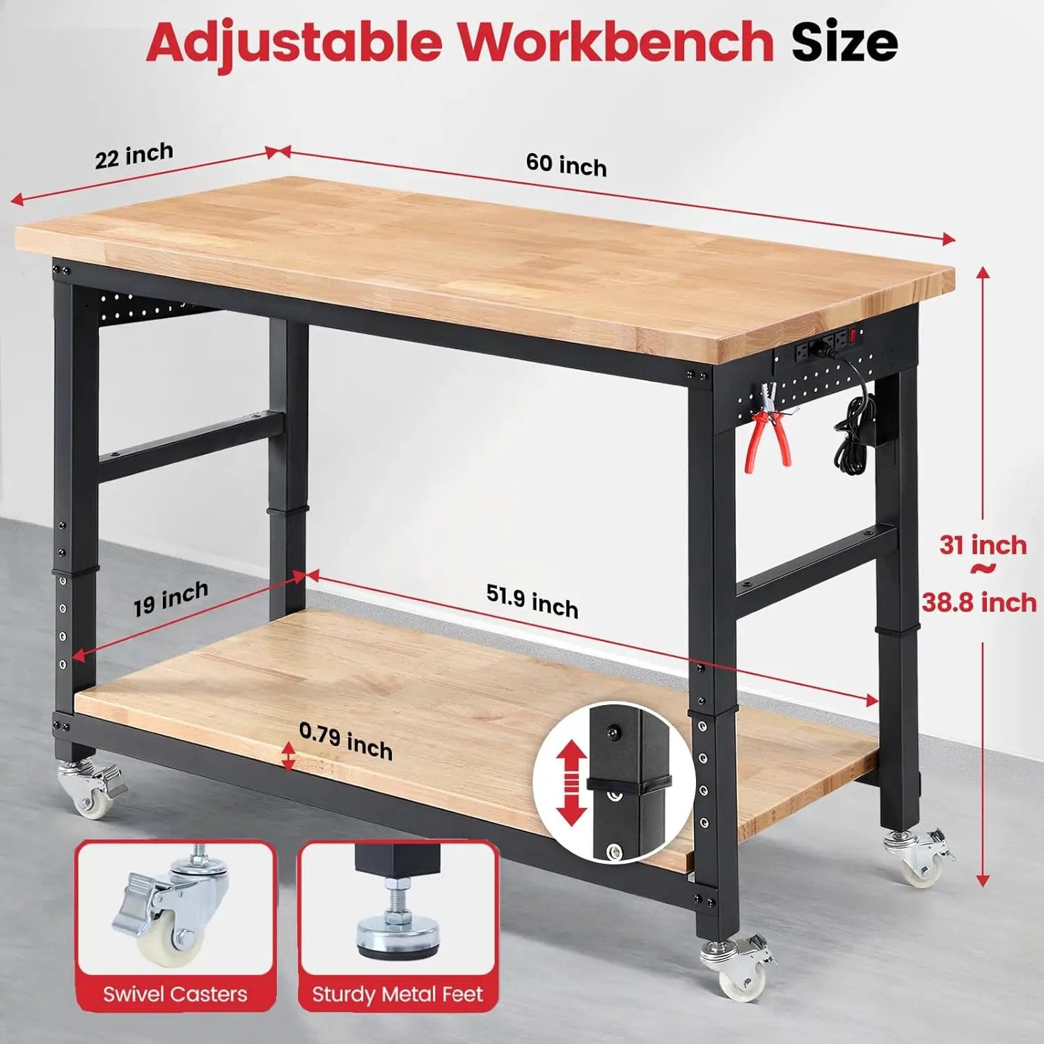 Workbench for Garage with Wheels 60 x 22 Inch Heavy Duty Rubberwood Tabletop Work Table with Under Table Shelf, Pegboard, Power Outlets for Woodworking Shop Home Office by GreenHaven Gardens