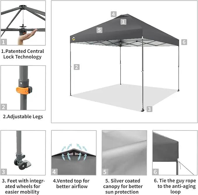CROWN SHADES Adjustable Height on The Fly, 10x10 Pop Up Canopy - Beach Tent with One Push Setup - Easy Outdoor Sun Shade for Events, Parties, Camping - Outside Shade with STO-N-Go Bag, Grey by GreenHaven Gardens