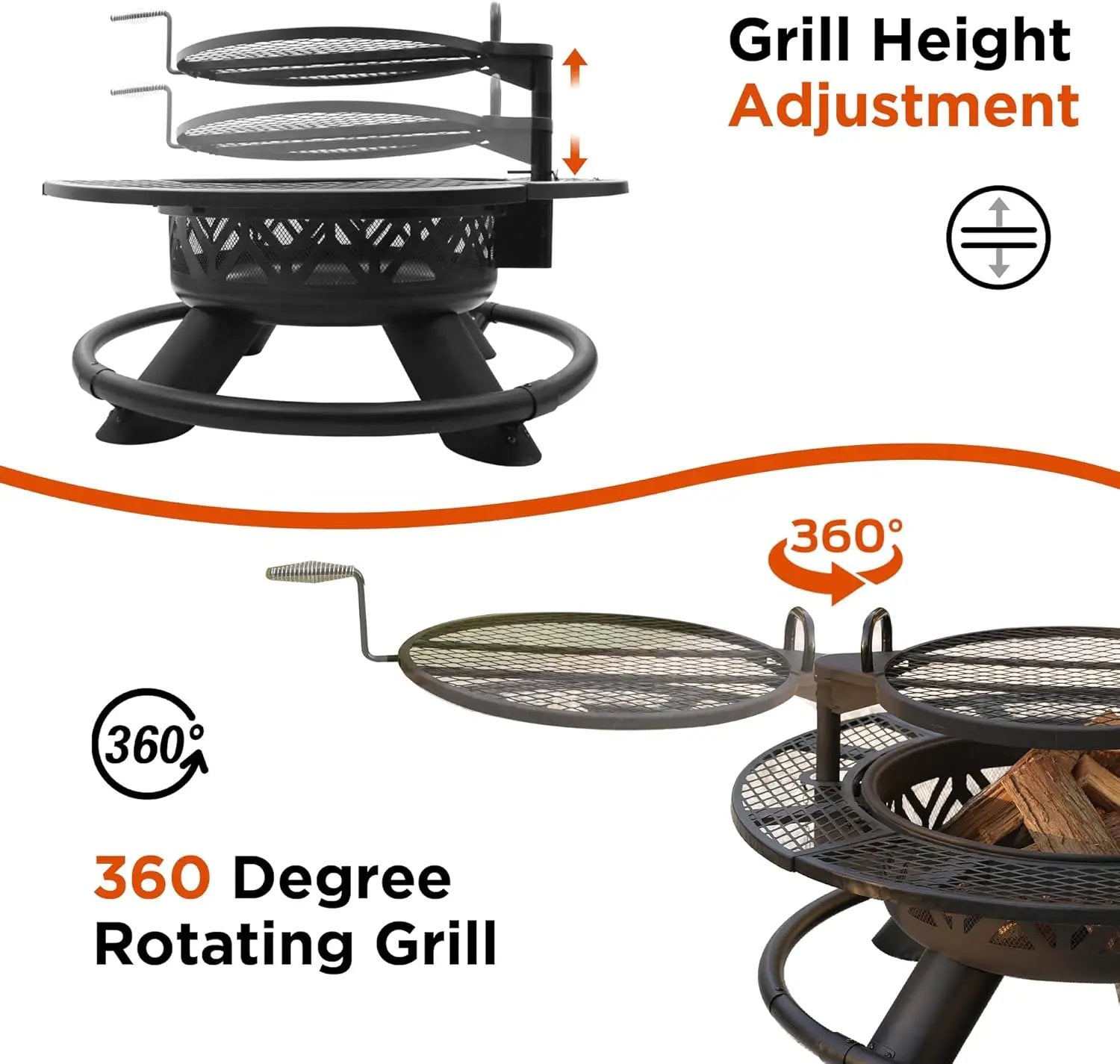 Red Mountain Valley 47" Outdoor Fire Pit with Adjustable Grill, 2-in-1 Outdoor Large Wood Burning Firepit Bowl, Bonfire Patio Fire Pits with Cooking grates, Metal Round Table for Backyard by GreenHaven Gardens