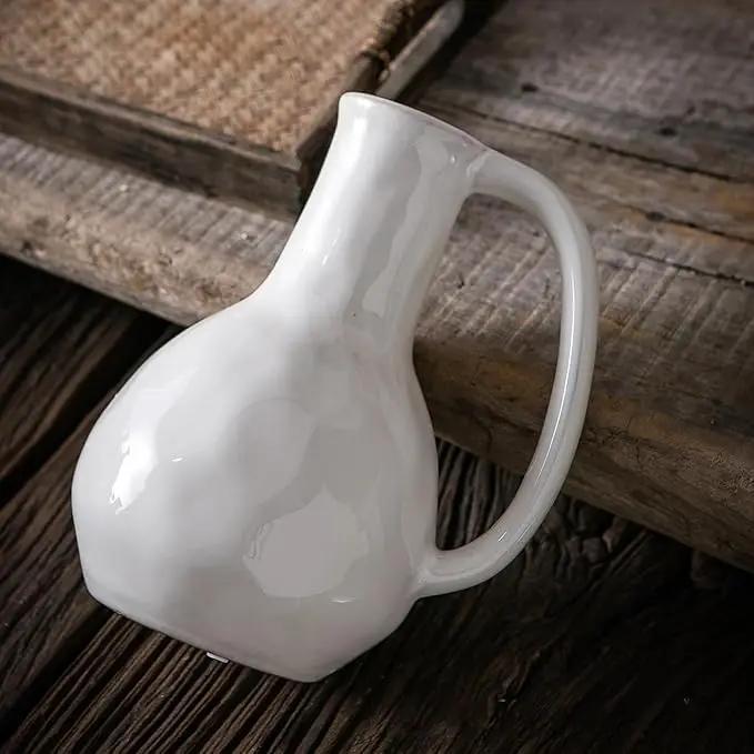 White Ceramic Vase with Big Handles, Modern Farmhouse Decor, Rustic Pottery for Flowers, Decorative Terracotta Centerpiece for Dining Table by GreenHaven Gardens