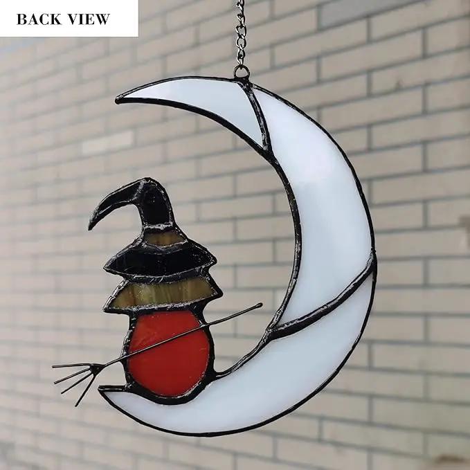 Witch On Moon Stained Glass Window Hanging Panel, Suncatcher for Windows, Witch Decor Riding Moon Face Sun Catcher Halloween Ornament. by GreenHaven Gardens
