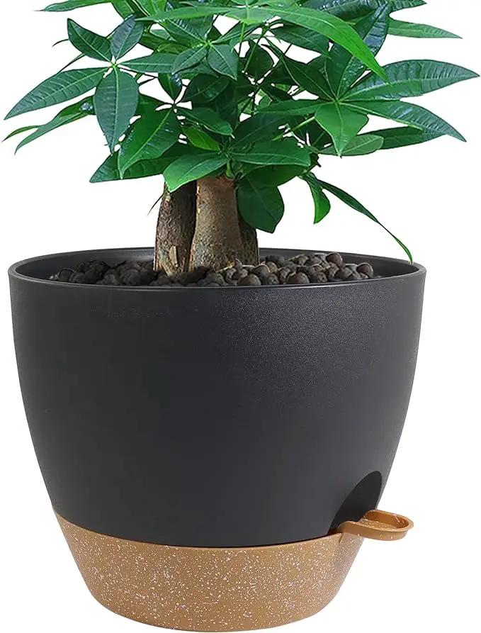 12 inch Large Self Watering Pots, Plastic Planters with 60oZ Removable Deep Reservoir and Multi Mesh Drainage Holes for Indoor Outdoor Garden Plants and Flowers, Black with Brown by GreenHaven Gardens