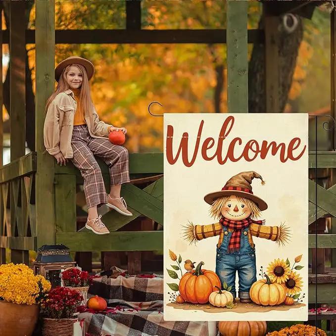 Fall Welcome Garden Flag Autumn Thanksgiving Scarecrow Garden Flag 12x18 inch Double Sided Fall Thankful Flags Holiday Decorations for Yard Lawn Patio (Flay 1810) by GreenHaven Gardens