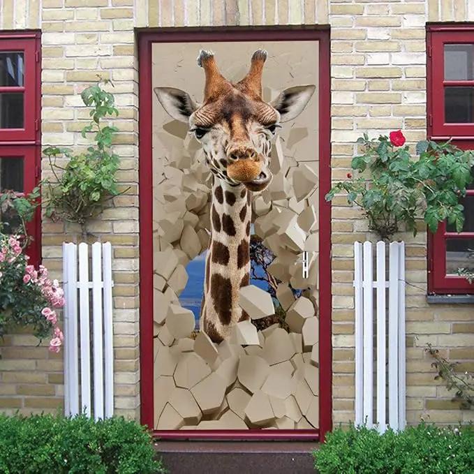 3D Peel and Stick Murals - Giraffe - Self-Adhesive Removable PVC Waterproof Door Poster for Bedroom & Living Room - 37.4 x 82.7 inch by GreenHaven Gardens