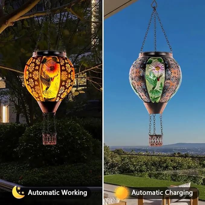 DREAMSOUL Hummingbird Hot Air Balloon Solar Lantern, Metal & Glass Flickering Flame Light Solar Lantern, Hanging Waterproof Solar Lanterns Outdoor for Garden Patio Tree Decoration Christmas Gifts by GreenHaven Gardens