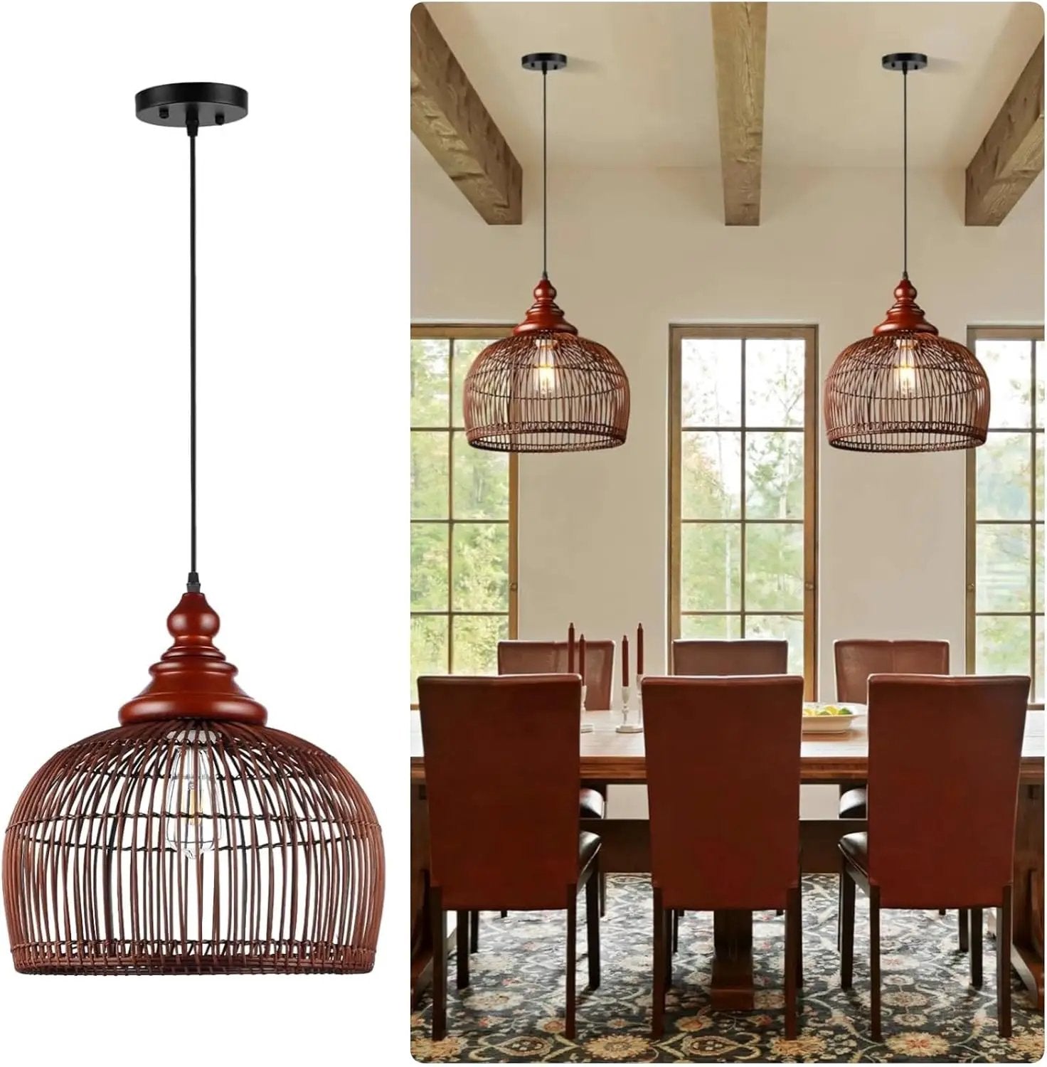 Rattan Pendant Light Kitchen Island, 15.8" Boho Dining Room Light Fixture Hand-Woven Wicker Chandelier Farmhouse Weaving Lighting Coastal Ceiling Hanging Lights for Living Room Restaurant by GreenHaven Gardens