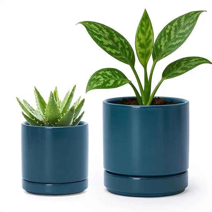 D'vine Dev 3.5 Inch & 4.7 Inch Ceramic Planter Pots for Plants with Drainage Hole and Saucer, X-Small Plant Pots Set, Teal, 94-G-XS-9 by GreenHaven Gardens
