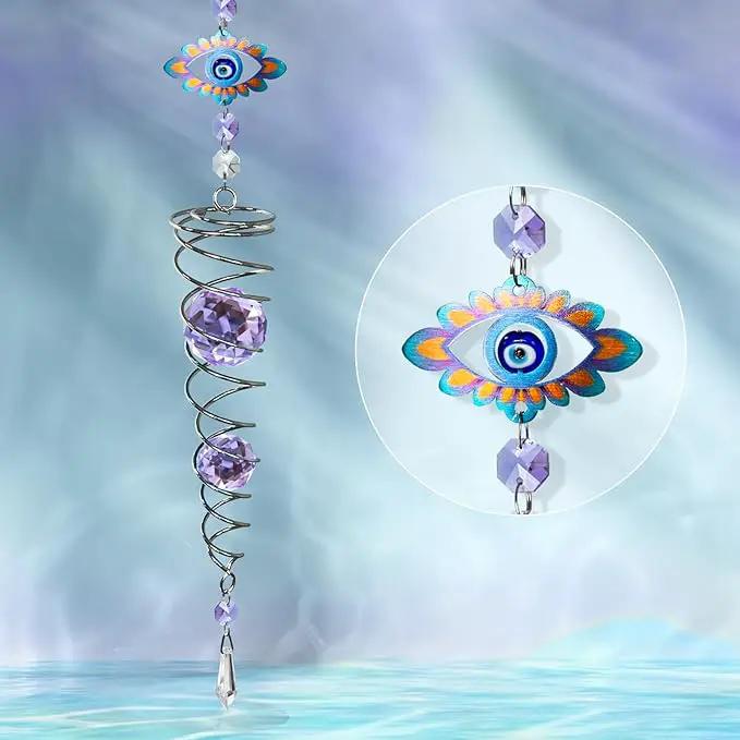 FONMY Evil Eye Gazing Ball Spiral Tail Wind Spinner Sun Catcher Rainbow Maker Silver Spiral W/Purple K9 Crystal Ball Christmas GifTree Hanging Ornament Indoor Outdoor Garden Decor. 19.5inch H by GreenHaven Gardens