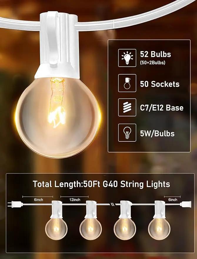 50FT Outdoor String Lights G40 Clear Globe String Lights Light Bulbs with 52 Clear Bulbs -5 Watt/120 Voltage/E12 Base -White Wire by GreenHaven Gardens