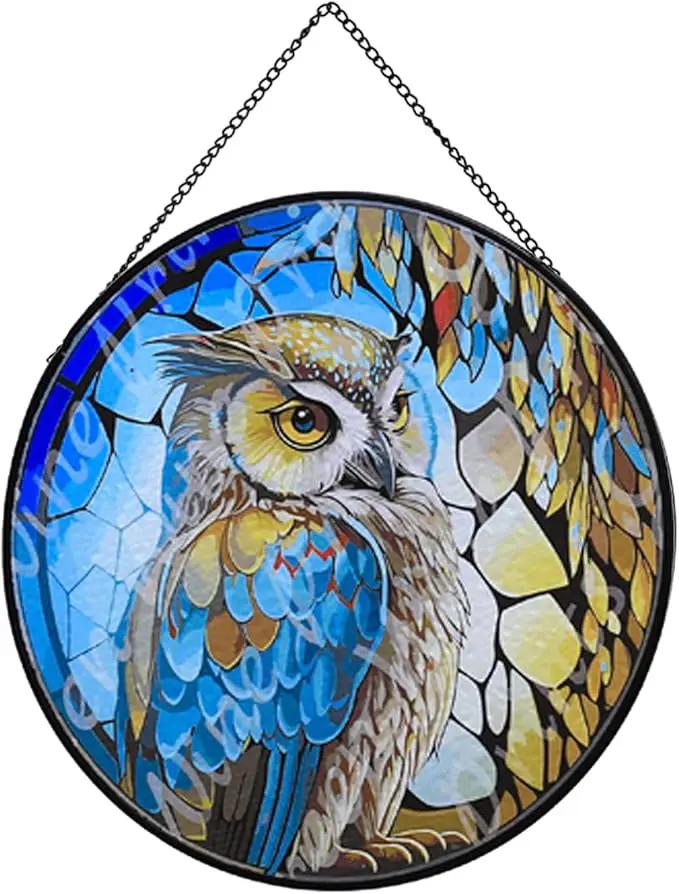 Hanging Stained Glass for Windows,20cm/7.87inch Owl Suncatcher Stained Glass Garden Hangings Ornaments Mother's Day Valentine's Day Halloween Fall Christmas Decor for Home (B Style) by GreenHaven Gardens
