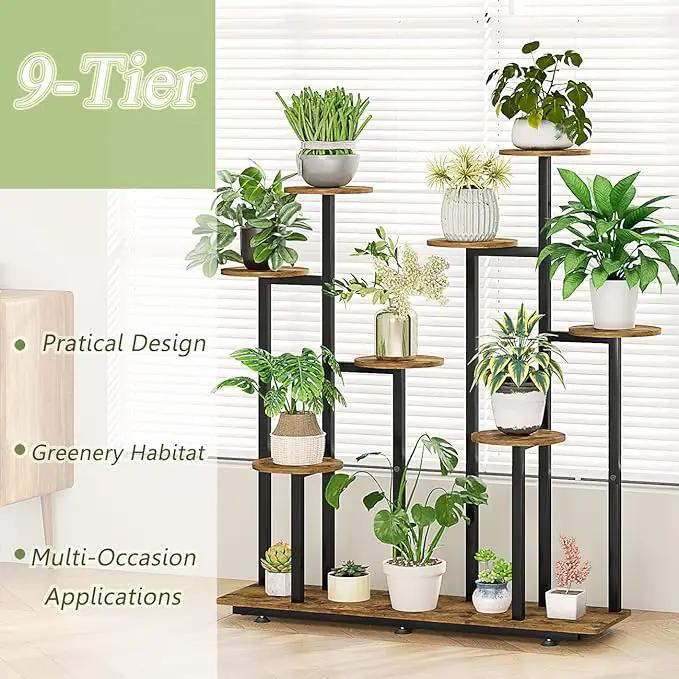 Plant Stand Indoor 9 Tier 11 Potted Multiple Flower Pot Holder for Patio Garden Balcony Living Room Corner (9 Tier Black+Rustic Brown) by GreenHaven Gardens