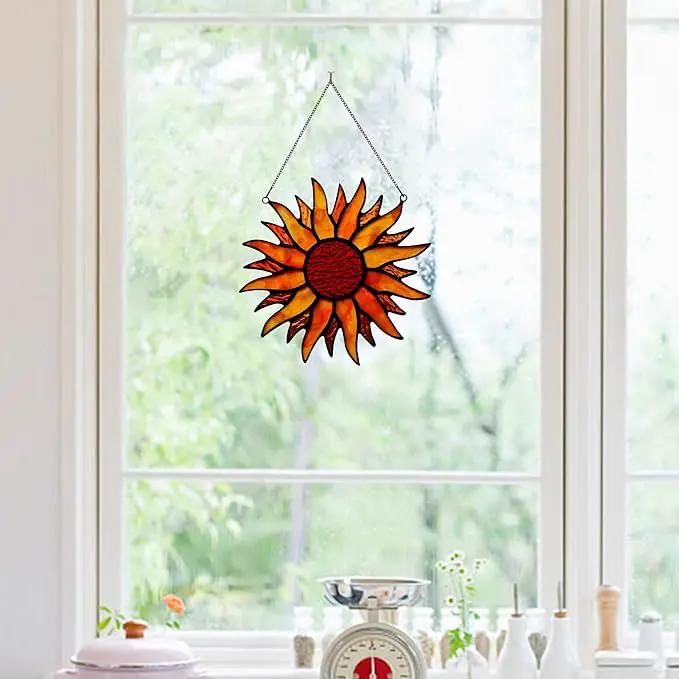 BOXCASA Sun Stained Glass Window Hangings,Tiffany Style Red Sun Suncatcher,Handcrafted Stained Glass Sun Decor for Window,Home Decorations for Window Living Room Bedroom Balcony Kitchen by GreenHaven Gardens