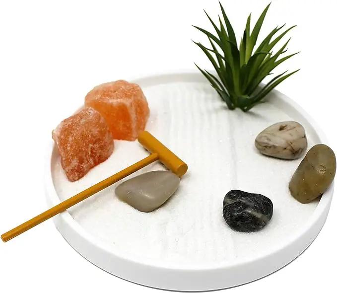 Nature's Mark Mini Zen Garden Kit for Desk with White Sand, Rake, White Base, Salt Rock and Air Plant (Round) by GreenHaven Gardens