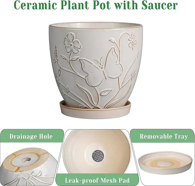 8 Inch Ceramic Pots for Plants Large Planter Pot with Drainage Hole and Saucer Round Flower Pot for Indoor Outdoor Decor, White by GreenHaven Gardens