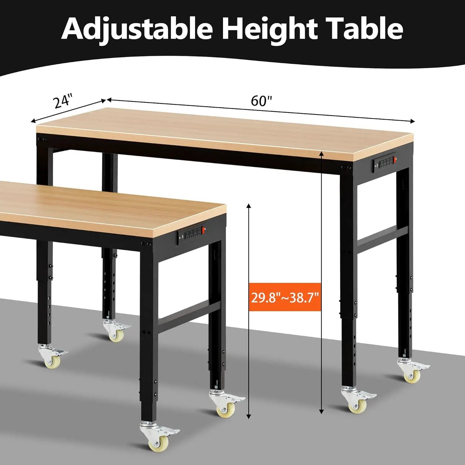 60” Adjustable Workbench，Heavy Duty Wood Work Bench 2000 Lbs Load Capacity,Work Table with Power Outlet and Wheels for Garage, Workshop, Office, Home by GreenHaven Gardens