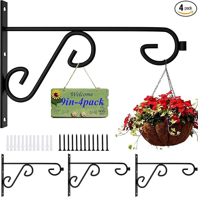 Plant Hook 4Pcs Hanging Basket Hooks,9in Plant Hangers Outdoor/Indoor,Black Plant Bracket Hook for Hanging Flower Baskets,Bird Feeder Hanger by GreenHaven Gardens