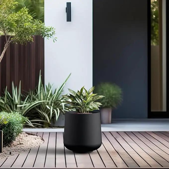 Kante 11.6" Dia Round Concrete Planter, Outdoor Indoor Large Plant Pots Containers with Drainage Hole and Rubber Plug for Home Garden Patio, Black by GreenHaven Gardens