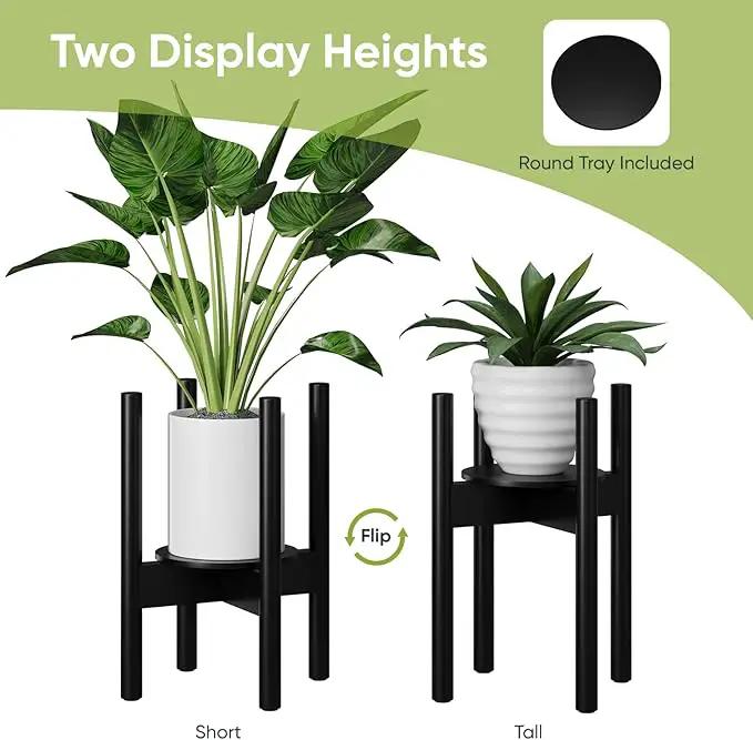 Adjustable Plant Stand, Bamboo Plant Stand Indoor with Tray, Wood Plant Stand for 8 to 12 inches Flower Pots, Single Mid Century Modern Plant Stand for Indoor Plants, Black by GreenHaven Gardens