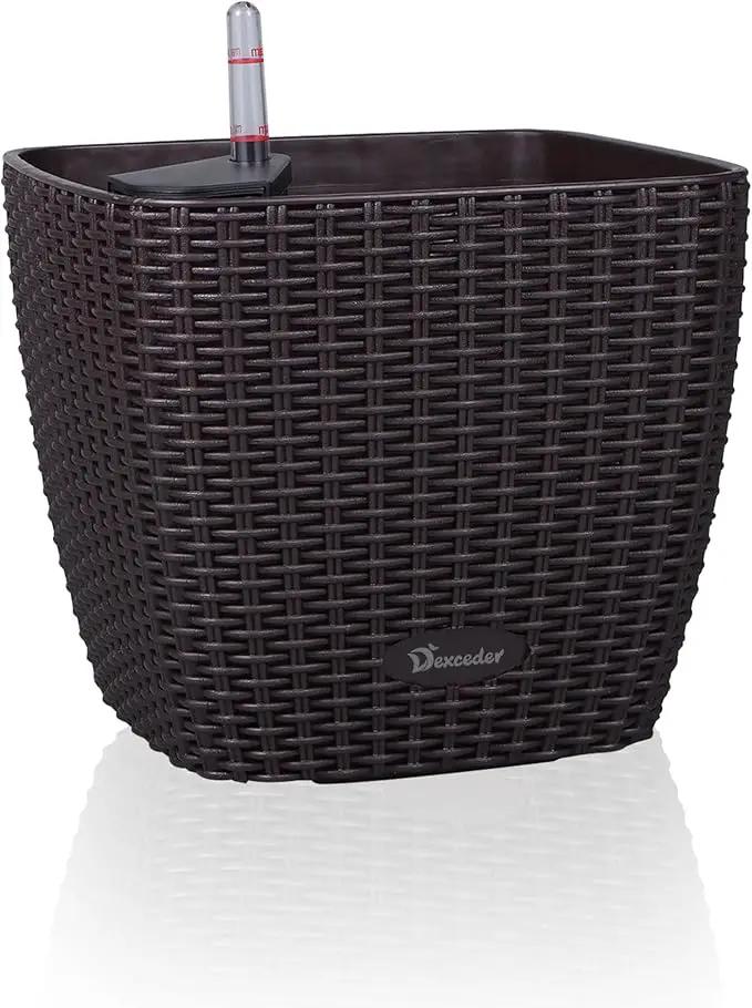 Dexceder 11x10 Self Watering Planter Indoor Outdoor, Inner Mat Design, Thickened Table Flower Plant Pot with Water Level Indicator (Brown Rattan) by GreenHaven Gardens