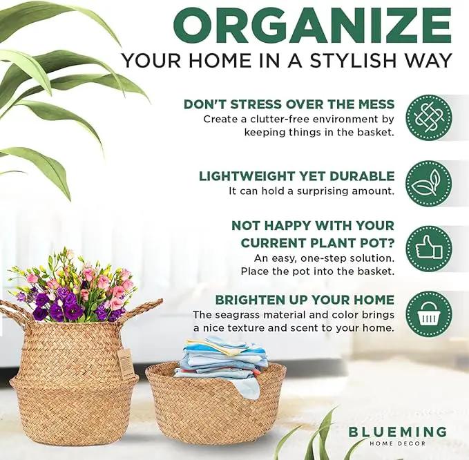 Basket Planter – Seagrass Plant Pot for Artificial Olive Tree, Decorative 6-7 Inch Indoor Wicker Pot with Handles (Original, Small) by GreenHaven Gardens
