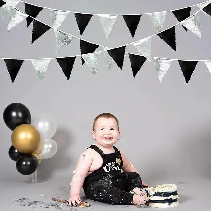 Black and Silver Party Decorations Triangle Pennant Banner Flag Metallic Fabric Bunting Garland for Birthday Graduation Retirement Wedding Bachelorette Bridal Shower Engagement Disco Party Supplies by GreenHaven Gardens