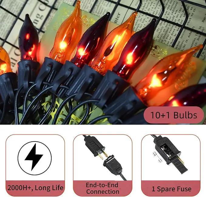 12.8Ft Halloween Decorations - Indoor/Outdoor Flickering Flame String Lights, Orange & Purple, 12 Pack C7 Flame Lights Bulbs by GreenHaven Gardens