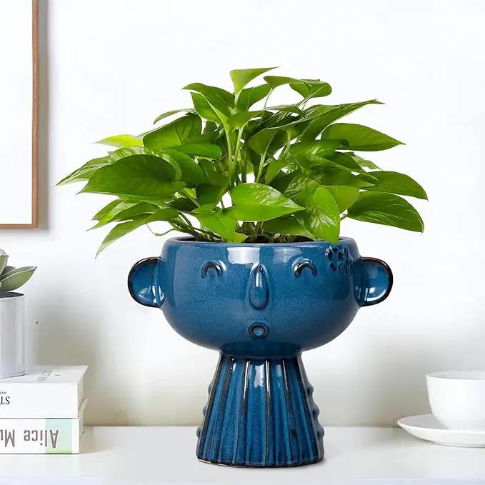 Head Planter Pot - 7 Inch Cute Face Planter for Indoor Outdoor Plants Ceramic Succulent Pot Round Flower Pot Present for Mother Christmas with Drainage Hole Blue by GreenHaven Gardens