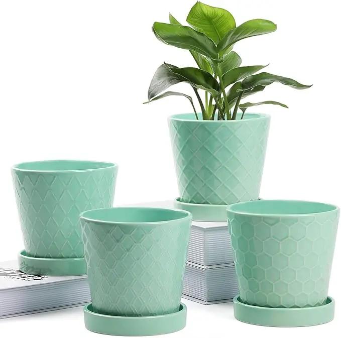 Plant Pots Indoor –5 in Ceramic Flower Pot with Drainage Hole and Ceramic Tray - Gardening Home Desktop Office Windowsill Decoration Gift, Set of 4 - Plants Not Included(Mint Green) by GreenHaven Gardens