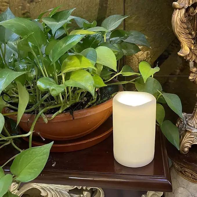 CANDLE CHOICE Waterproof Outdoor Battery Operated Flameless Candles with Timer Large Plastic Resin Bright Flickering Electric LED Pillars Lantern Garden Wedding Christmas Decorations 4”(D)x6”(H) 2 PCS by GreenHaven Gardens