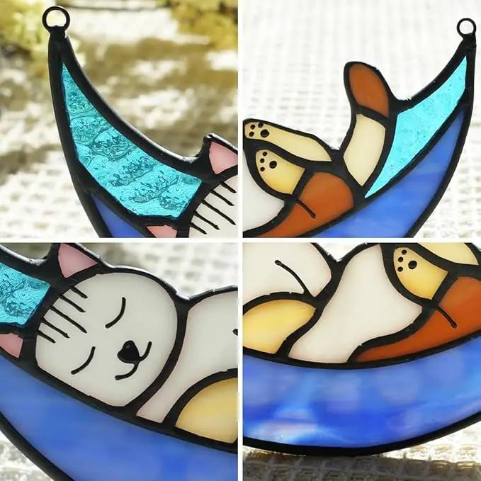 BOXCASA Sleeping Cat Stained Glass Windown Hanging,Cat on Moon Beautiful Handcrafted Sun Catcher Gifts for Daughter,Mothers Day,Christmas and Cat Lover by GreenHaven Gardens