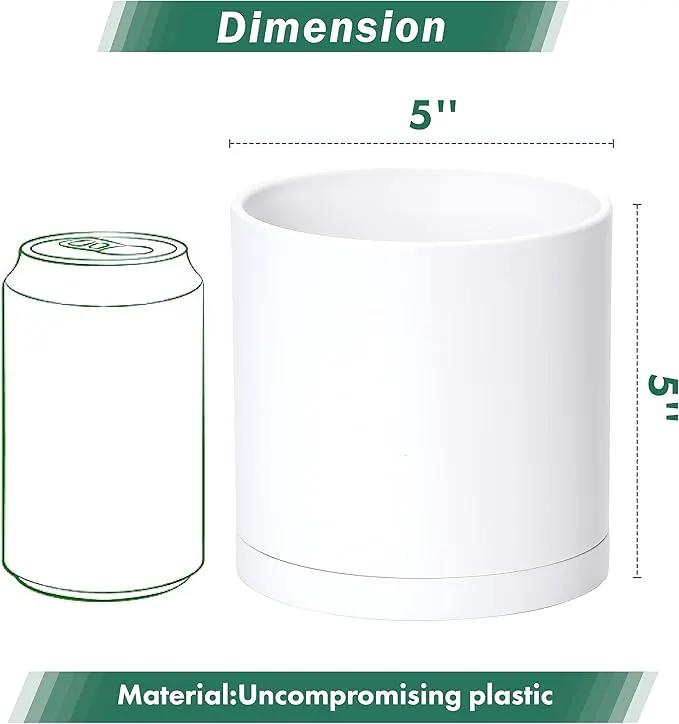 D'vine Dev 4 Pack 5 Inch Modern Plastic Plant Pots, Small Garden Planters for Plant with Drainage Holes and Saucers, White Color, 74-Z-G-2 by GreenHaven Gardens