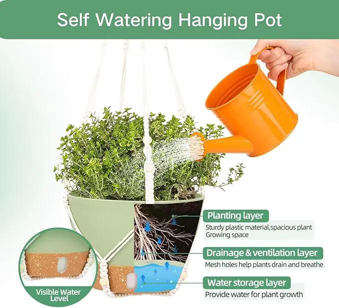 QCQHDU 2 Pack Hanging Planters for Indoor Plants, Outdoor Flower Hanging Baskets, Self Watering Pots with Drainage Holes & Removable Tray (Green, 10 inch, Macrame Hanger)