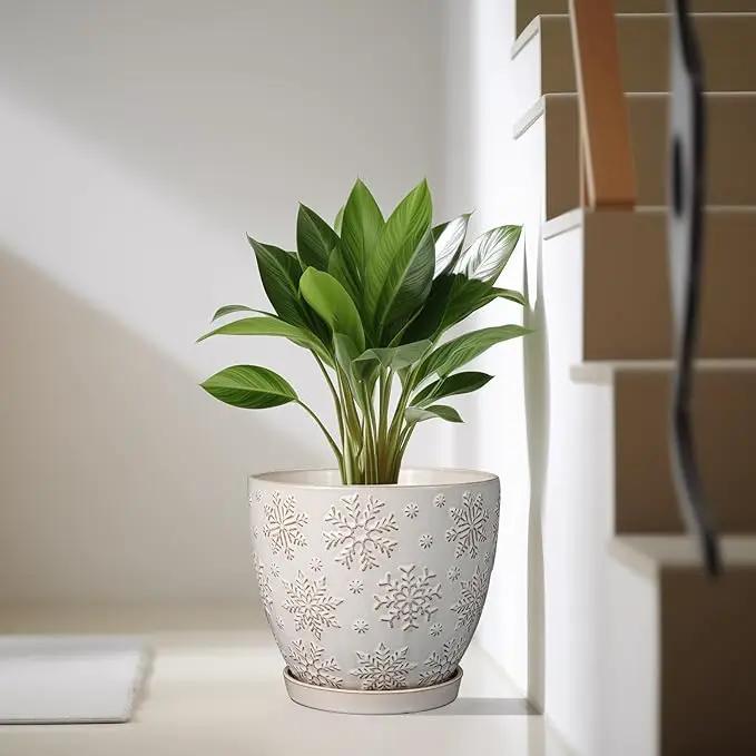 10 Inch Ceramic Planter Pot Large Plant Pot for Indoor Plants Outdoor Round Flower Pot with Drainage Hole and Saucer for Home Garden Decor White by GreenHaven Gardens