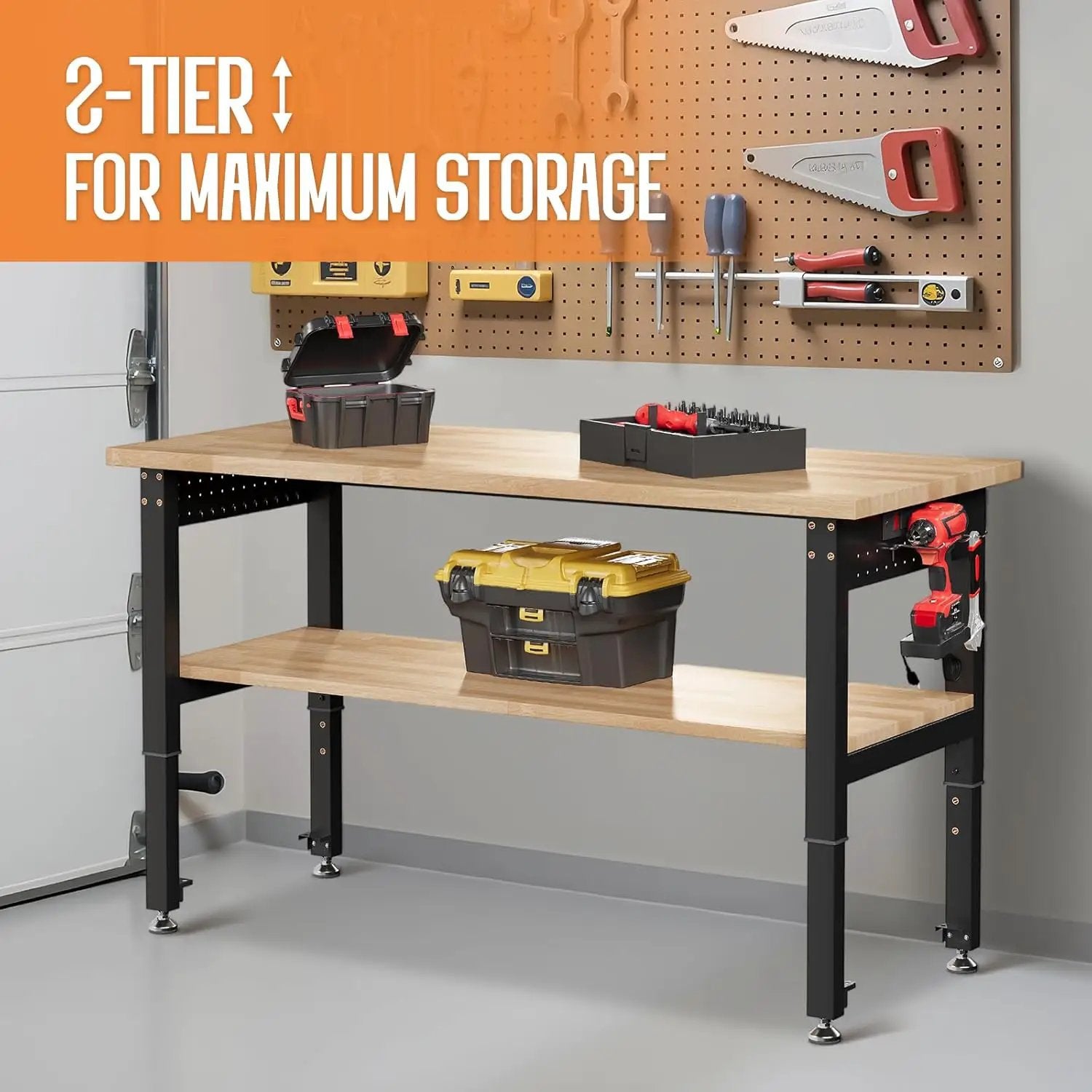 Albott 48" Adjustable 2-Tier Workbench with Solid Wood Top, Max 2000lbs Capacity, Built-in Power Strip with 4 AC Outlets & 2 USB Ports, Pegboard & 20 Hooks, Shop Garage Office by GreenHaven Gardens