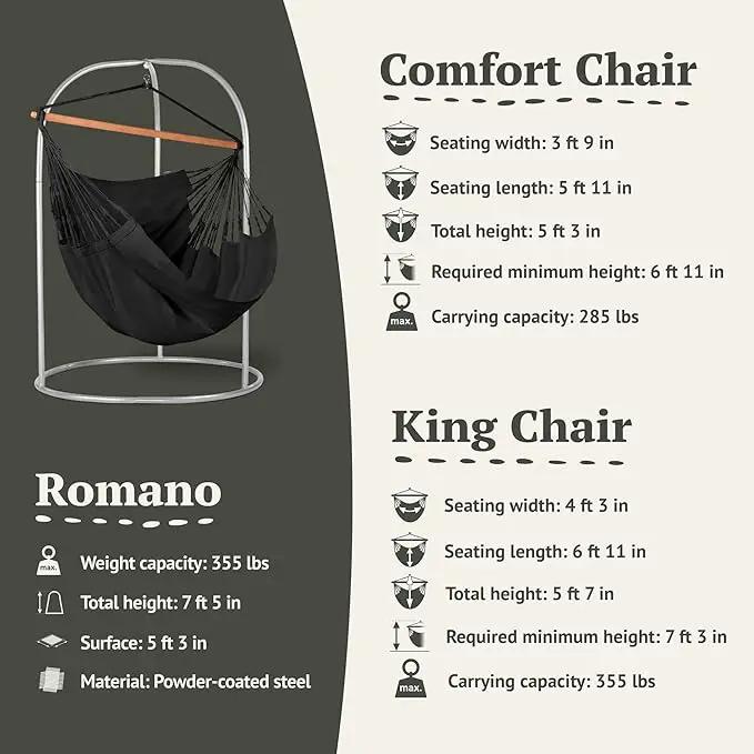 LA SIESTA - XL King Habana Cotton Hammock & Romano Steel Stand - Indoor Outdoor Hanging Chair Swing for Bedroom Porch Balcony - Boho Hanging Chair - Onyx by GreenHaven Gardens
