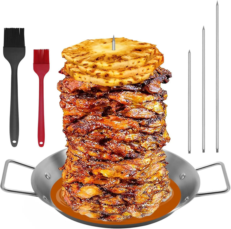 Al Pastor Skewer for Grill, Stainless Steel Vertical Skewer, Brazilian Vertical Spit with 3 Spikes(8”/10"/12”)& Brushes, for Tacos Al Pastor, Shawarma Kebabs Smoker Oven BBQ Dishes by GreenHaven Gardens