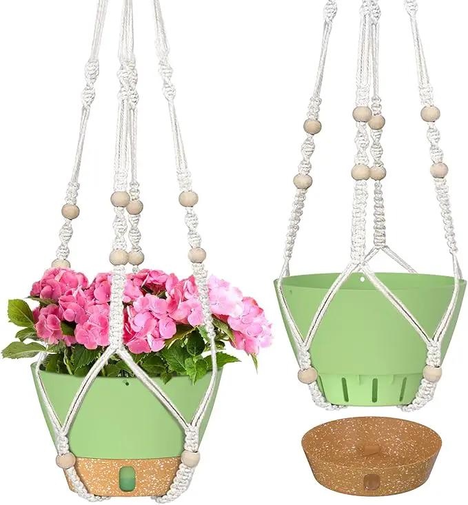 ZMTECH 2 Pack 10 Inch Hanging Planters with Macrame Plant Hanger for Indoor and Outdoor Plants, Self Watering, Drainage Hole, Visible Level Tray, Green by GreenHaven Gardens