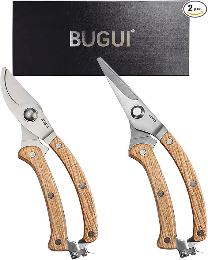 BUGUI 8” Wood Handle Garden Scissors, Set of 2, Includes Bypass Pruning Shears and Long Straight Tip Clippers, Premium Gardening Tools with Precision-Ground SK-5 Steel Blade by GreenHaven Gardens