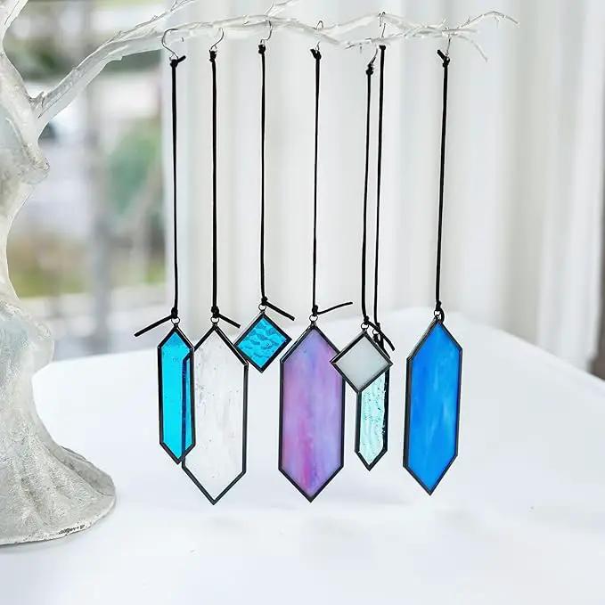 HDCRYSTALGIFTS Stained Glass Window Hanging Suncatchers - 7 Pieces Handcrafted Element Earth Tones Set,Modern Blue Wall Art Sun Catchers Indoor Window Glass Decor Gifts for Mom,Grandma by GreenHaven Gardens
