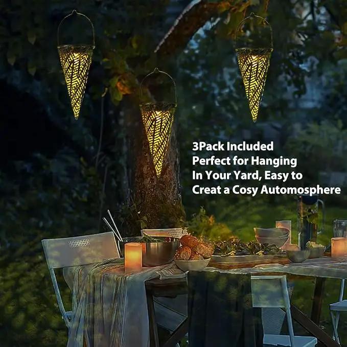 Outdoor Decorative Solar Hanging Lights with Delicate Hollow Conical Lantern Design - Set of 3 Chandelier for Patio, Tree, Garden, Yard, Porch, Backyard Pathway and Christmas Decoration. by GreenHaven Gardens