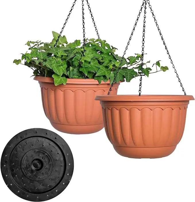 YIKUSH Hanging Planter for Indoor and Outdoor Plants 2 Pack 12 inch Flower Pot Plastic Plant Pot with Drainage Hole and Absorbing Tray（Terracotta） by GreenHaven Gardens