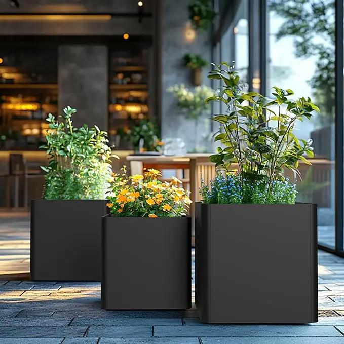 Large Metal Square Planter 20" L x 20" W x 20" H, Black Large Outdoor Planters with Drainage Hole for Porch/Patio/Garden by GreenHaven Gardens