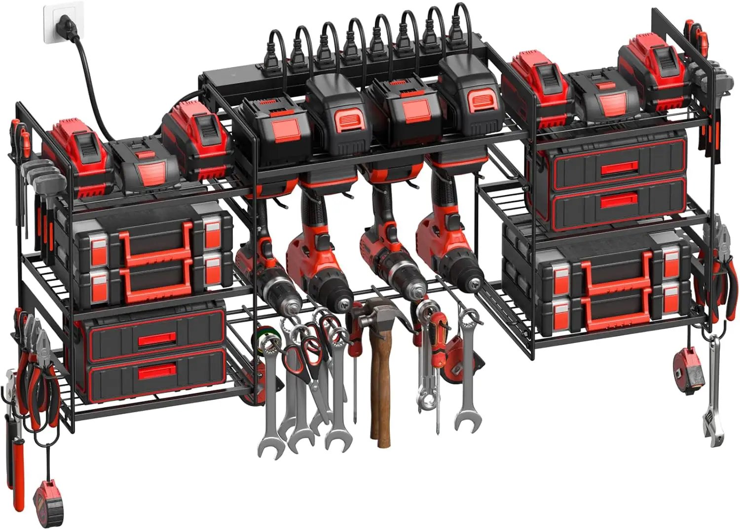 CCCEI Black Power Tool Organizer Wall Mount, Large Tools and Battery Storage Rack Charging Station Individual Switches. Drills Holder, Garage Utility Shelves with 6FT Power Strip. Gift for Men. by GreenHaven Gardens