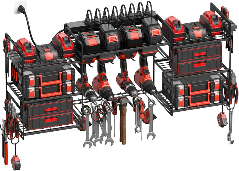 CCCEI Black Power Tool Organizer Wall Mount, Large Tools and Battery Storage Rack Charging Station Individual Switches. Drills Holder, Garage Utility Shelves with 6FT Power Strip. Gift for Men. by GreenHaven Gardens