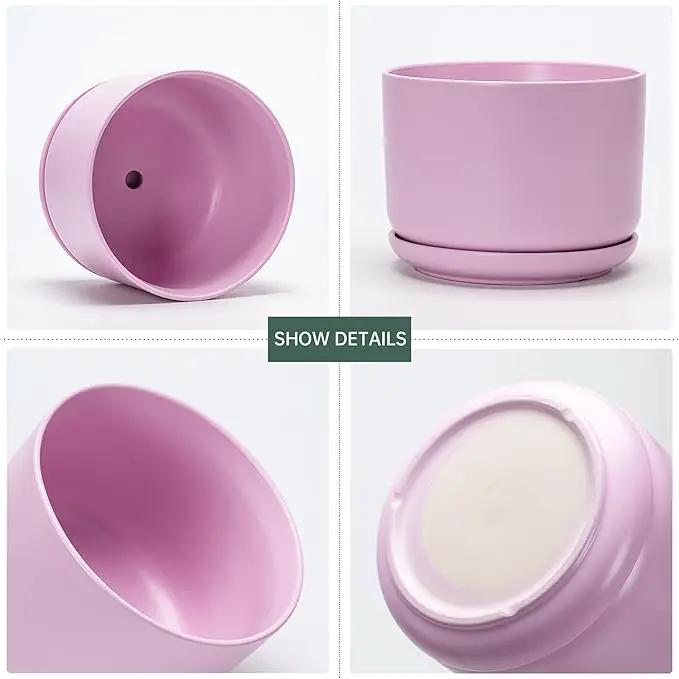Ton Sin Plant Pots, 4.1+5.1+6.5 inch, Set of 3, Ceramic Planters with Drainage Hole and Saucer, Indoor Flower Pot with Hole Mesh Pad, Gifts for Mom(Matte Pink) by GreenHaven Gardens