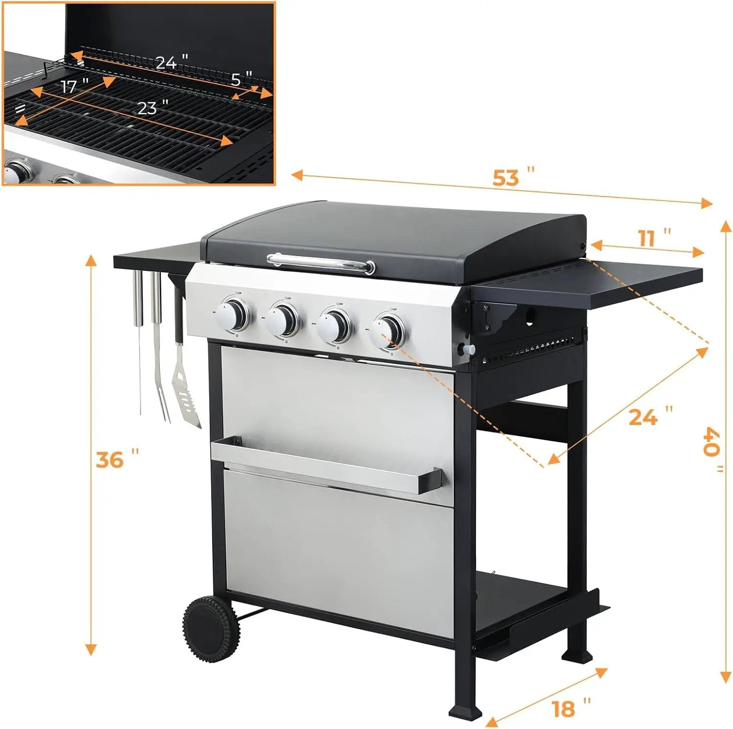 4 Burner Propane Grill with Built-in Thermometer, Durable Lid, Wheels, Foldable Side Tables, Stainless Steel Grilling Pan, 49,200 BTU Gas Grill for Patio, Garden Barbecues by GreenHaven Gardens