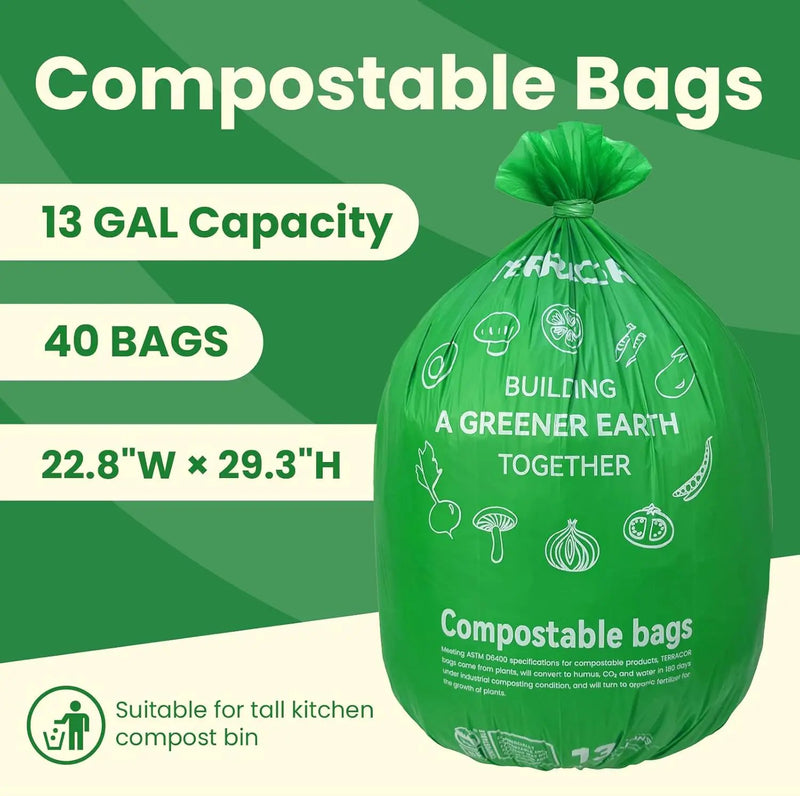13 Gallon Compostable Trash Bags, 40 Bags Compost Bags for Countertop Bin, Camping Toilet Bags for Portable Toilet, BPI Certified and Meet The ASTM D6400 Standard by GreenHaven Gardens