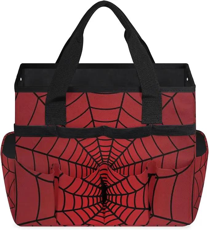 Spiders Web Red Gardening Tool Bag,Heavy Duty Garden Tote Bag,Portable Oxford Gardening Storage Basket Organizer Handbag with Pockets Handle,Hand Tools Gifts for Outdoor Garden Lawn by GreenHaven Gardens