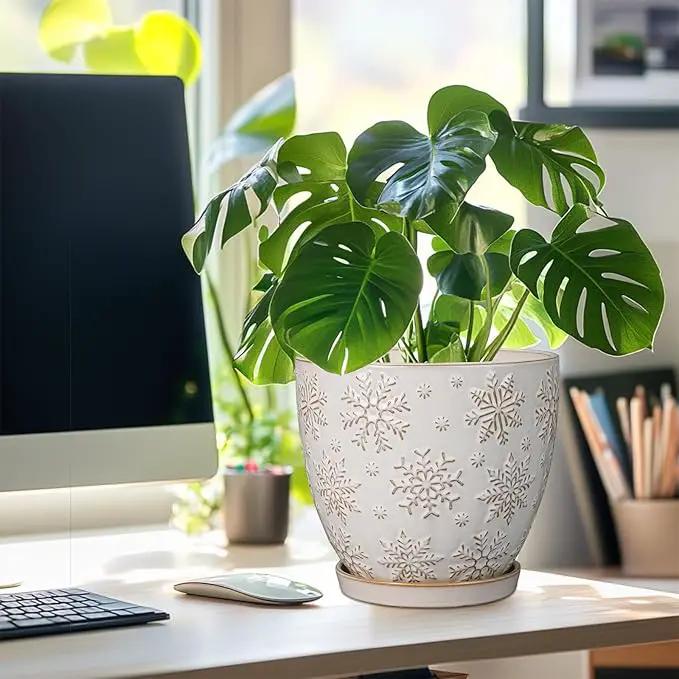 Ceramic Planter 8 Inch Plant Pot with Drainage Hole and Saucer Ceramic Pots for Indoor Plants Outdoor Large Flower Pot for Home Decor White by GreenHaven Gardens