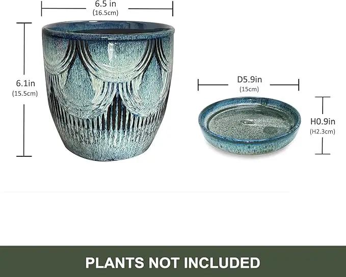 Plant Pots Indoor, Ceramic Planter, 6in Plant Pot, Plant Pots with Drainage Holes and Saucers, Flower Pots for Indoor Plants, Reactive Glaze Blue by GreenHaven Gardens